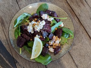 Roast beetroot with chevre and baby spinach